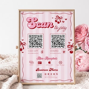 Peut inclure: Un panneau de paiement rectangulaire dans un cadre doré avec un fond rayé rose clair et des illustrations de cerises rouges. Le texte indique Scan to pay, Cash App, Venmo, Also Accepted, Business Name, avec deux QR codes et des icônes.