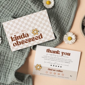 Retro Thank You Card Template, Editable Small Business 70s Groovy Thank You Card, Order Package Insert, Printable Checkered Thank You Pixie