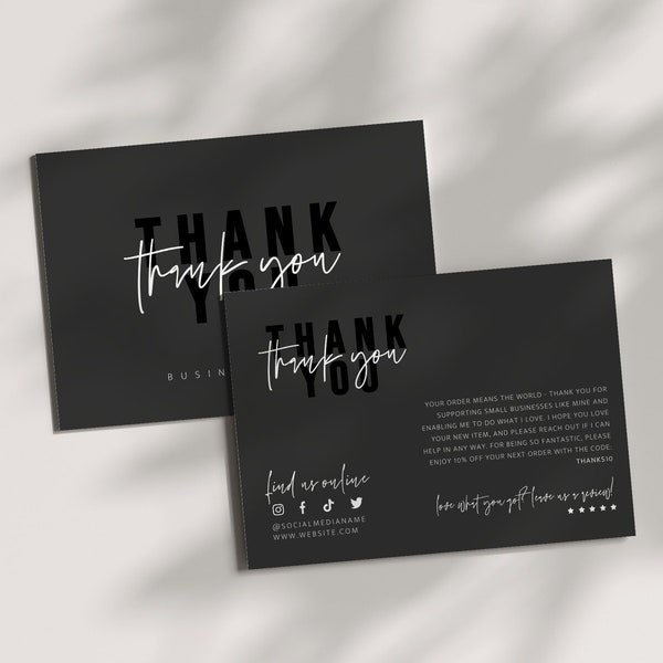 EDITABLE Black Luxury Business Thank You Card Template, Customer Package Insert Card, Elegant Card Template - Skye