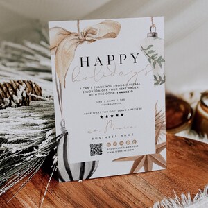 Boho Christmas Business Thank You Card QR Code Canva Template, Scandi Holiday Printable Thanks For Your Purchase, Neutral Package Insert
