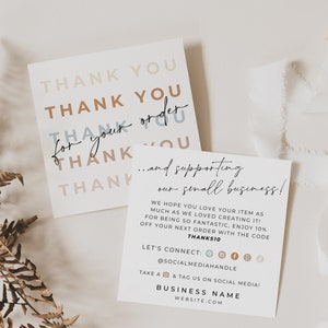 Editable Boho Business Thank You Card Template, Printable Square Thanks For Your Purchase Card, 3x3 Package Insert, Canva Thank You - Casey