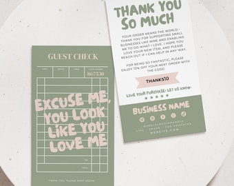 Trendy Guest Check Thank You Card, Editable Business Card Canva Template (2x3.5")