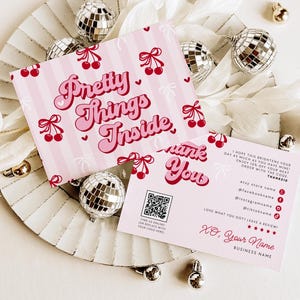 Coquette Cherry Business Thank You Card Canva Template, QR Code Editable Pink Red Bows Ribbons, Thank You Business Packaging Printable