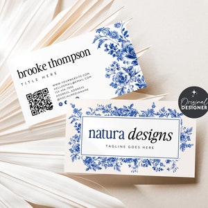 Blue Chinoiserie Business Card Canva Template QR Code, Instant Download, Printable Business Card Template, DIY Editable Calling Card, Toile