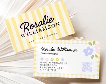 Preppy Cottagecore Business Card Canva Template, Printable Vintage Gingham Branding - Yara