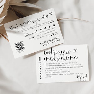 Minimal Cookie Care Card Template, Cake Instructions Card, Editable Thank You Card, Bakery Business Package Insert Card Printable - Adele