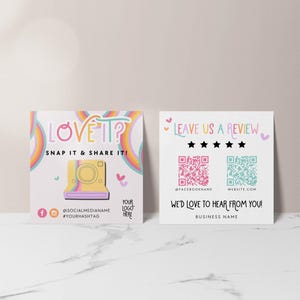 Pastel Rainbow Snap and Share Card Canva Template, QR Code Business Card, Follow Us On Social Media, Leave us a Review Card Template - Amara