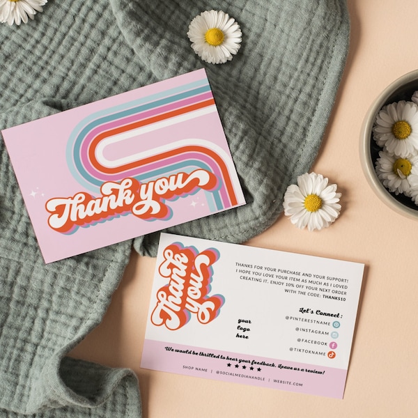 70s Retro Thank You Card Template, Editable Small Business 70s Groovy Thank You Card, Colorful Package Insert, Printable Rainbow Thank You