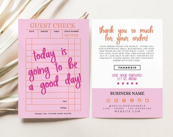 Trendy Business Thank You Card Canva Template, Editable Guest Check Customer Thank You Business Packaging, DIY Cute Fun Thank You