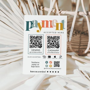 Boho Rainbow Scan to Pay Sign Template Canva, 2 QR Code Printable Payment Sign, Accepted Payments CashApp Paypal Venmo Printable Sign - Nova