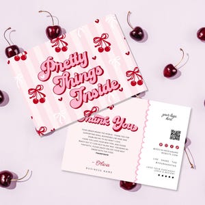 Coquette Cherry Business Thank You Card Canva Template, QR Code Editable Pink Red Bows Ribbons, Thank You Business Packaging Printable CB12
