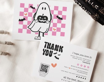 Retro Ghost Checkered Halloween Business Thank You Card Canva Template, Editable Order Insert Postcard
