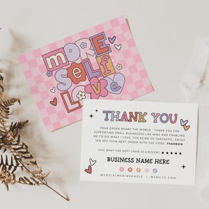 Retro Valentine Business Thank You Card Canva Template, Editable Pastel Thank You Card, Checkered Business Package Insert Mailer Postcard