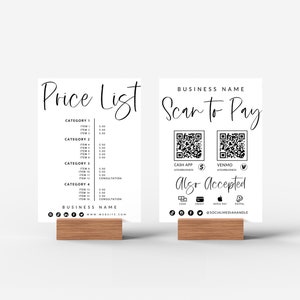 Modernes Scan-to-Pay-Schild & Preisliste Vorlage, QR-Code-Schild, druckbares Zahlungsschild, Akzeptierte Zahlungen-Schild, Preisblatt, Preisführer Gwen