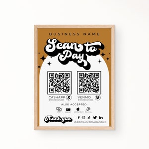 Retro Scan to Pay Schild Vorlage, QR-Code Schild, druckbares Zahlungsschild, Zeichen für akzeptierte Zahlungen, bearbeitbares Venmo Cashapp Zahlungsschild Canva