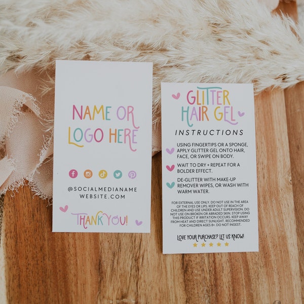 Glitter Hair Gel Instruction Card Canva Template EDITABLE Business Card Thank You Printable Package Insert Face Body Glitter Packaging Amara