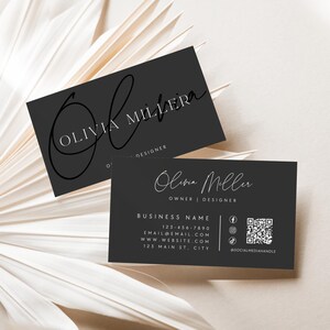 Modern Black Business Card Canva Template, Printable Business Card with QR Code, Scannable DIY Business Calling Card Template - Ayla