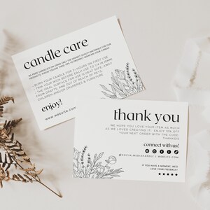 Botanical Candle Care Card Canva Template, Floral Business Thank You, Printable Wildflower Thanks For Your Purchase Package Insert - Jazz
