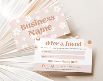 Retro Refer A Friend Business Card Template Canva, Printable Referral Discount Rewards, Editable Client Referral Card, Pastel Daisy - Dani