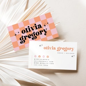 Retro Business Card Canva Template, Printable Groovy Business Card Design, Checkered Cute Business Card, Pink DIY Editable Branding - Ace