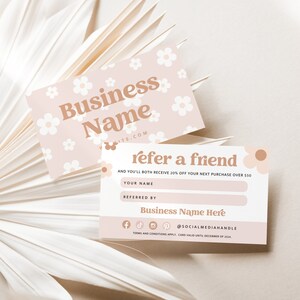 Retro Refer A Friend Business Card Template Canva, Printable Referral Discount Rewards, Editable Client Referral Card, Pastel Daisy - Dani