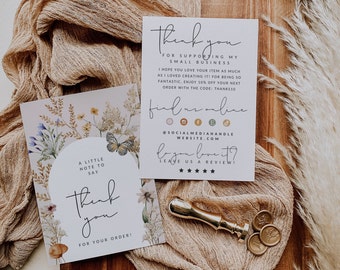 Boho Business Thank You Card Template, Wildflower Editable Thanks For Your Purchase, Customer Package Insert Card, Canva Template - Stella