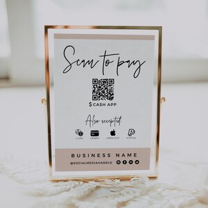 Szablon znaku kodu QR, drukowany znak płatności, znak skanowania w celu zapłaty, znak akceptowanych płatności, znak CashApp Paypal Dostosowywalny kod QR „Skye”