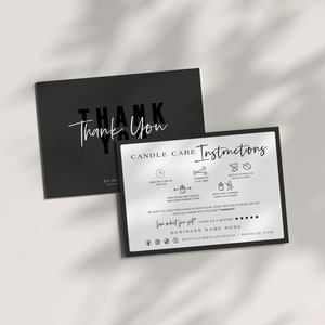 Black Editable Candle Care Card Canva Template, Luxe Candle Warning Card, Business Thank You Card Printable, Package Insert Postcard - Ashe