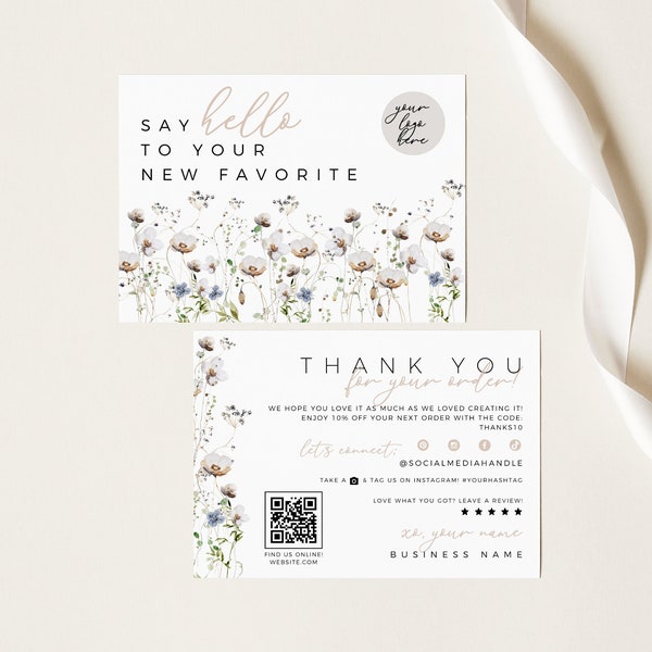 Pastel Floral Business Thank You Card Canva Template QR Code, Spring Customer Package Insert Elegant Editable Thank You For Your Order -Wren