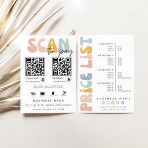 Retro Scan to Pay Schild & Preisliste Vorlage, QR-Code-Zeichen, druckbares Zahlungsschild, Zeichen für akzeptierte Zahlungen, Preisblatt, Preisführer - Amy