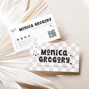 Retro Business Card Canva Template, Printable Groovy Business Card, Checkered Cute Business Branding, Funky QR Code Scannable - Millie