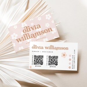 Retro Business Card Canva Template QR Code, Printable Groovy Daisy Business Card, Editable QR Code Business Card, Scannable Card - Dani
