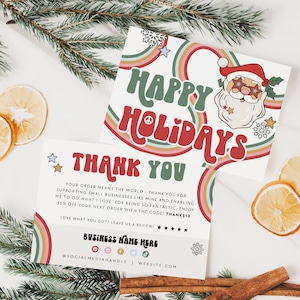 Retro Christmas Business Thank You Canva Template, Groovy Holiday Printable Thanks For Your Purchase, Editable Seasonal Package Insert Card