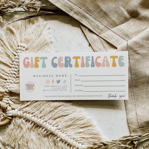 Modelo de certificado de presente arco-íris, certificado de voucher de presente imprimível DIY Boho, cartão de presente editável, certificado de presente de spa, modelo Canva Amy