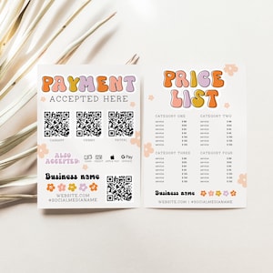 Retro Scan to Pay & Price List Sign Template Canva Rainbow QR Code Sign Printable Payment Sign Accepted Payments Pricing Sheet Guide- Birdie