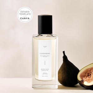 Puede incluir: Una botella rectangular de vidrio de spray para habitación y ropa de cama "Cashmere" con tapa negra. La etiqueta incluye el nombre de la marca y la descripción de la fragancia. Una higo entero y medio higo están junto a la botella. La imagen también incluye el texto "Editable Template Canva."