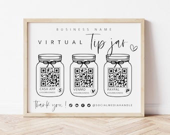 Printable Virtual Tip Jar Venmo Cashapp Payment Sign, QR Code Sign Template, Editable Tips Accepted Sign Canva, Instant Download - Gwen