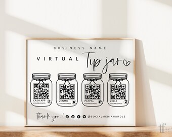 Printable Virtual Tip Jar Venmo Cashapp Payment Sign, QR Code Sign Template, Editable Tips Accepted Sign Canva, Instant Download - Gwen