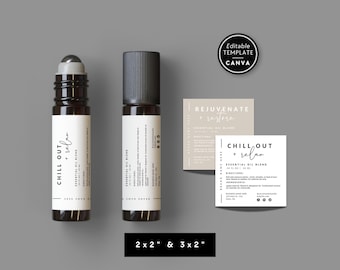 Pode incluir: Dois frascos de vidro âmbar escuro com aplicador roll-on e rótulos brancos com a inscrição Chill Out + Relax, acompanhados de duas etiquetas quadradas com texto correspondente. Um selo circular diz Editable Template Canva. Dimensões 5,08x5,08 e 7,62x5,08 cm.