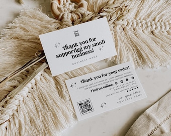 May include: Two white rectangular business cards with black text and star icons. The top card reads Thank you for supporting my small business. The bottom card includes a QR code, social media icons, and the text Thank you for your order.