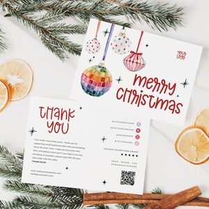 Disco Christmas Business Thank You Card Canva Template, Cute Holiday Printable Thanks For Your Purchase, Vintage Ornament Holiday Insert