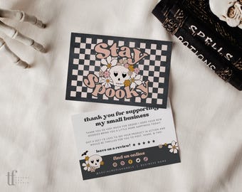 Retro Halloween Business Thank You Card Editable Canva Template | Order Thank You, Halloween Printable Groovy Spooky Boho Skull Checkered