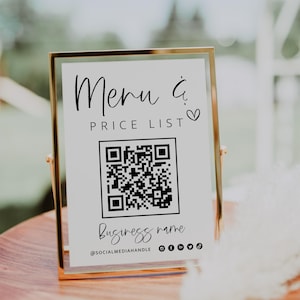 Plantilla de signo de código QR de menú imprimible y lista de precios, signo de código QR de menú editable Canva, signo de pequeña empresa, escaneo de signo de lista de precios - Gwen