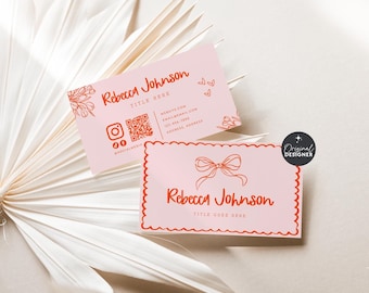 Coquette Business Card Template Canva QR Code, Trendy Cute Fun Business Branding, Whimsical Feminine Editable Business Card Template - Cielo