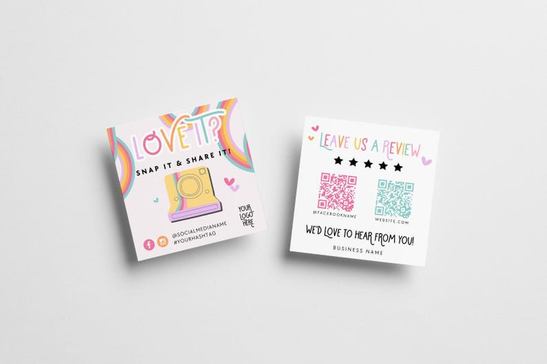 Pastel Rainbow Snap and Share Card Canva Template, QR Code Business Card, Follow Us On Social Media, Leave us a Review Card Template - Amara image 3