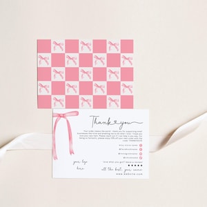 Coquette Pink Bows Business Thank You Card Canva Template, Editable Checker Watercolor Ribbons Customer Thank You Business Packaging Insert