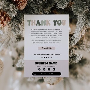 Retro Holiday Business Thank You Card Canva Template, Printable Christmas Thanks For Your Purchase Card, Package Insert Groovy Christmas image 3