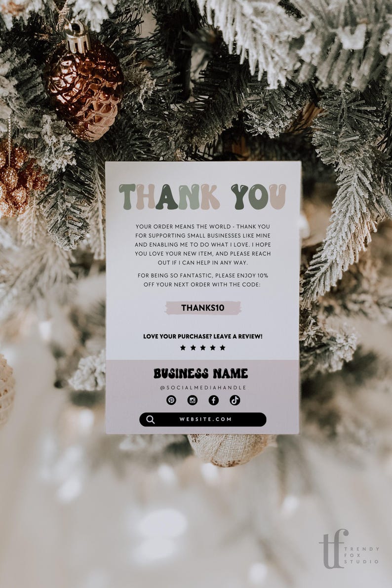 Retro Holiday Business Thank You Card Canva Template, Printable Christmas Thanks For Your Purchase Card, Package Insert Groovy Christmas image 3