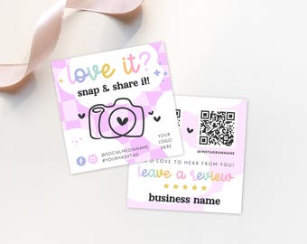 May include: Two square business cards with a light purple and white checkered pattern. One card features the text love it? snap & share it! with a camera icon. The other card displays a QR code, the text leave a review, and five stars.