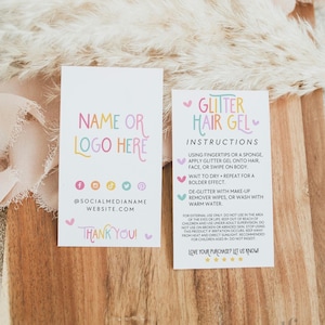 Glitter Hair Gel Instruction Canva Template, EDITABLE Business Card Thank You, Printable Package Insert Face Body Glitter Packaging - Amara